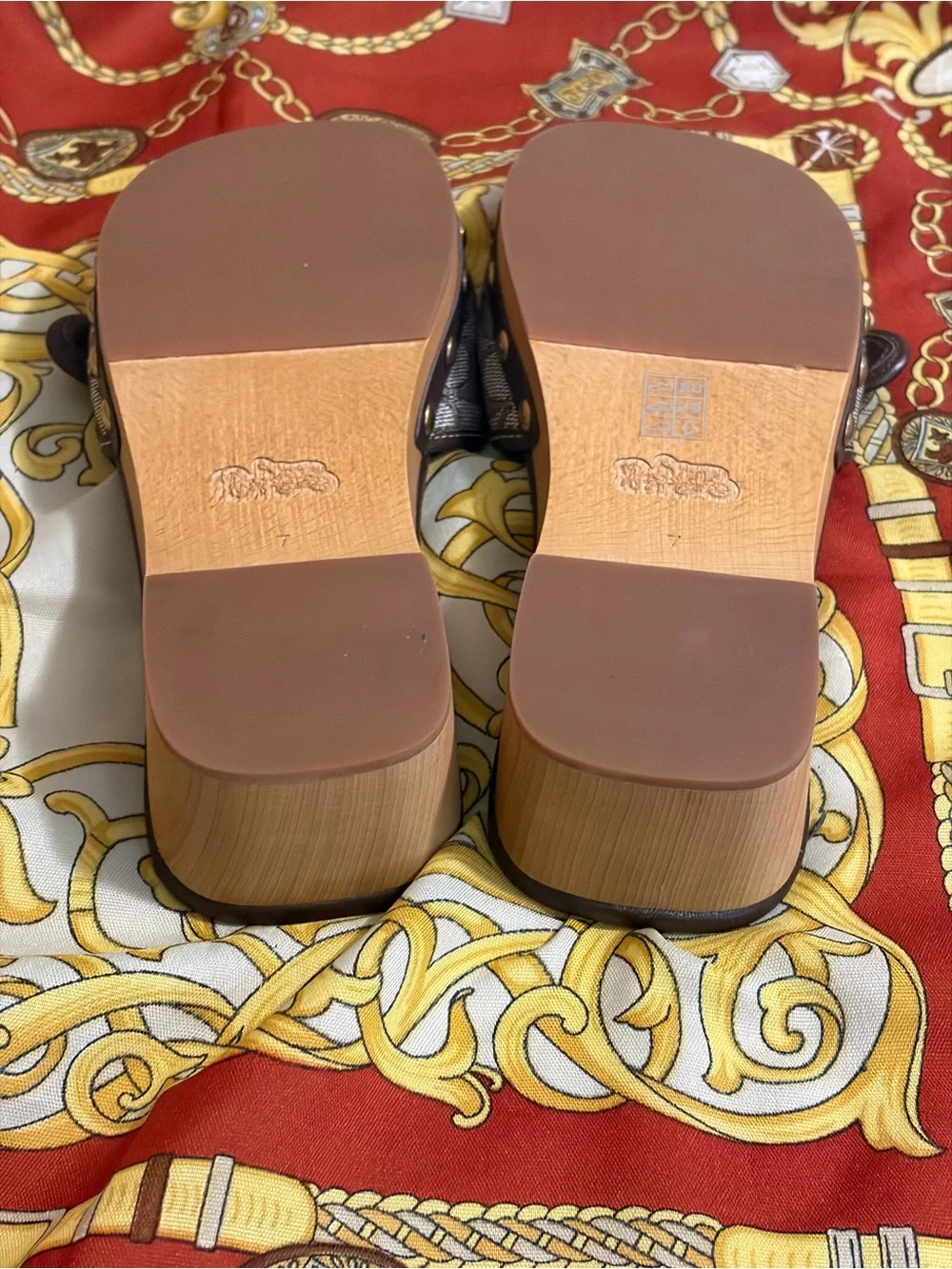 Coach Brown Signature Jacquard Slide Sandals with Gold Buckle